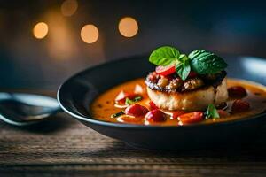 a dish of scallops in a bowl with tomato sauce. AI-Generated photo