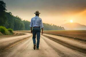 un hombre en un sombrero camina abajo un suciedad la carretera. generado por ai foto