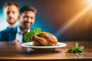 two men in suits are sitting at a table with a chicken on it. AI-Generated photo