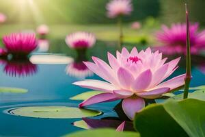 rosado loto flores en el agua con verde hojas. generado por ai foto