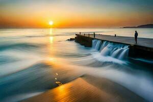 a man stands on a pier watching the sun set over the ocean. AI-Generated photo