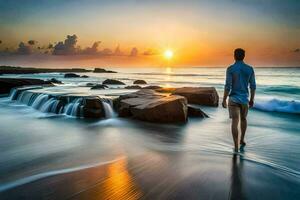 a man walking along the beach at sunset. AI-Generated photo