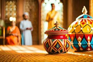 a colorful pot and a colorful vase on a table. AI-Generated photo