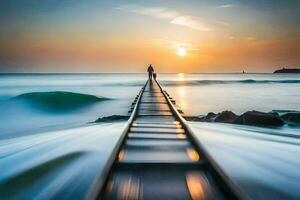 un hombre camina a lo largo un de madera muelle dentro el Oceano a puesta de sol. generado por ai foto