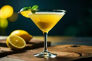 a cocktail with lemon and mint on a wooden table. AI-Generated photo