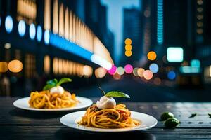 spaghetti with tomato sauce and mozzarella cheese on a plate in the city. AI-Generated photo