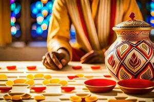 un hombre es jugando un juego con vistoso piezas. generado por ai foto