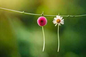 two flowers hanging from a wire. AI-Generated photo