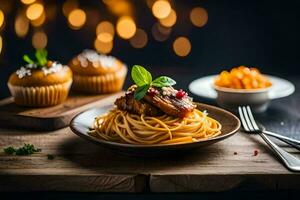 spaghetti with meat and vegetables on a wooden table. AI-Generated photo