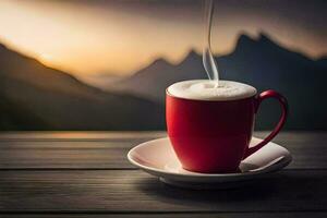 a cup of coffee on a wooden table with mountains in the background. AI-Generated photo