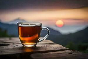 un taza de té en un de madera mesa en frente de un puesta de sol. generado por ai foto