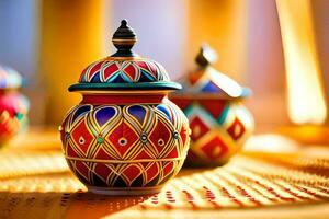 three colorful ceramic jars on a table. AI-Generated photo