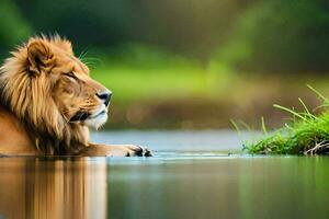 a lion is sitting in the water. AI-Generated photo