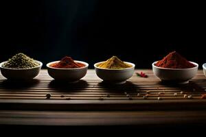 a row of bowls with different spices. AI-Generated photo