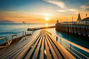 un muelle con un puesta de sol terminado el océano. generado por ai foto