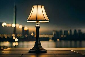 a lamp on a table in front of a city skyline. AI-Generated photo