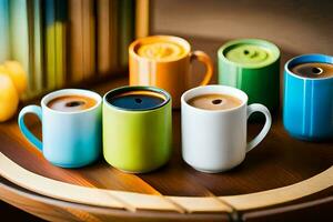 a group of colorful coffee cups on a table. AI-Generated photo