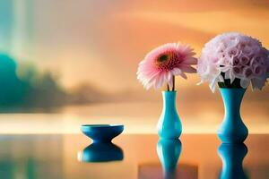two vases with pink flowers sitting on a table. AI-Generated photo