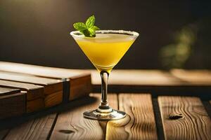 a cocktail with a mint garnish sits on a wooden table. AI-Generated photo