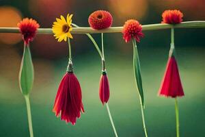 rojo flores colgando desde un cuerda con un amarillo flor. generado por ai foto