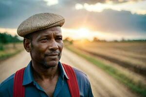 a man wearing a hat stands in a field. AI-Generated photo