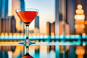 a cocktail glass on a table in front of a city skyline. AI-Generated photo