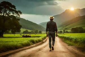 a man walking down a dirt road in a rural area. AI-Generated photo