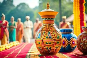 colorful vases on a table with people in the background. AI-Generated photo