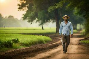 a man walking down a dirt road in the middle of a field. AI-Generated photo