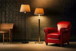 a red chair and lamp in a room. AI-Generated photo