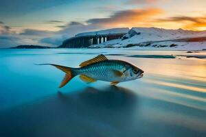 a fish swimming in the water at sunset. AI-Generated photo