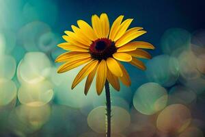 a single yellow flower is standing in front of a blurry background. AI-Generated photo