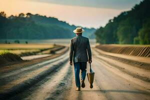 a man in a suit and hat walking down a dirt road. AI-Generated photo