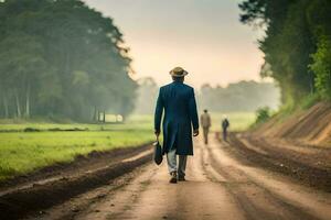 a man in a blue suit walks down a dirt road. AI-Generated photo