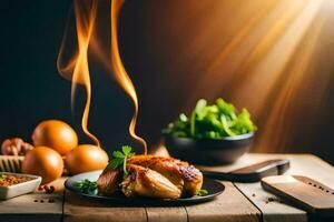 a chicken on a plate with a flame coming out of it. AI-Generated photo