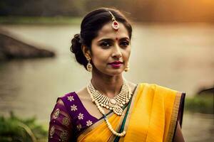 a woman in a yellow sari with jewelry. AI-Generated photo