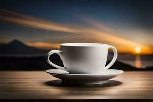 coffee cup on a table with sunset in the background. AI-Generated photo