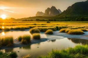 the sun rises over a marshy field with grass and mountains. AI-Generated photo
