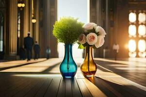 two vases with flowers sitting on a wooden floor. AI-Generated photo
