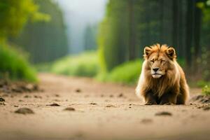 a lion sitting on the road in the middle of a forest. AI-Generated photo