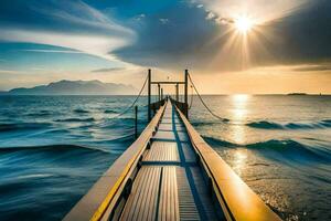 a pier in the ocean with the sun shining. AI-Generated photo