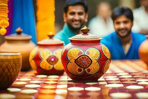 two men sitting next to a pot on a table. AI-Generated photo