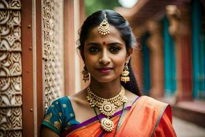 a beautiful indian woman wearing a traditional sari. AI-Generated photo