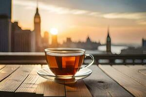 a cup of tea on a wooden table in front of a city skyline. AI-Generated photo