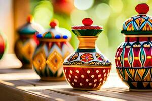 colorful ceramic vases on a wooden table. AI-Generated photo