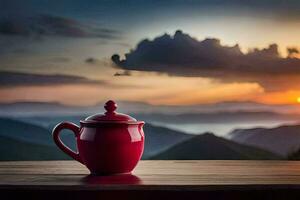 a red teapot sits on a wooden table overlooking the mountains. AI-Generated photo