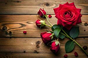 red roses on a wooden background. AI-Generated photo