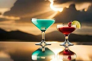 two cocktails on a table with a sunset in the background. AI-Generated photo