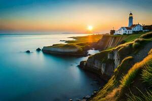 the sun sets over a lighthouse on the coast. AI-Generated photo