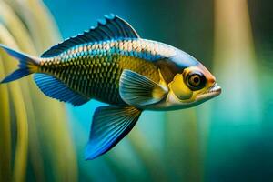 un pescado con azul y amarillo aletas es nadar. generado por ai foto